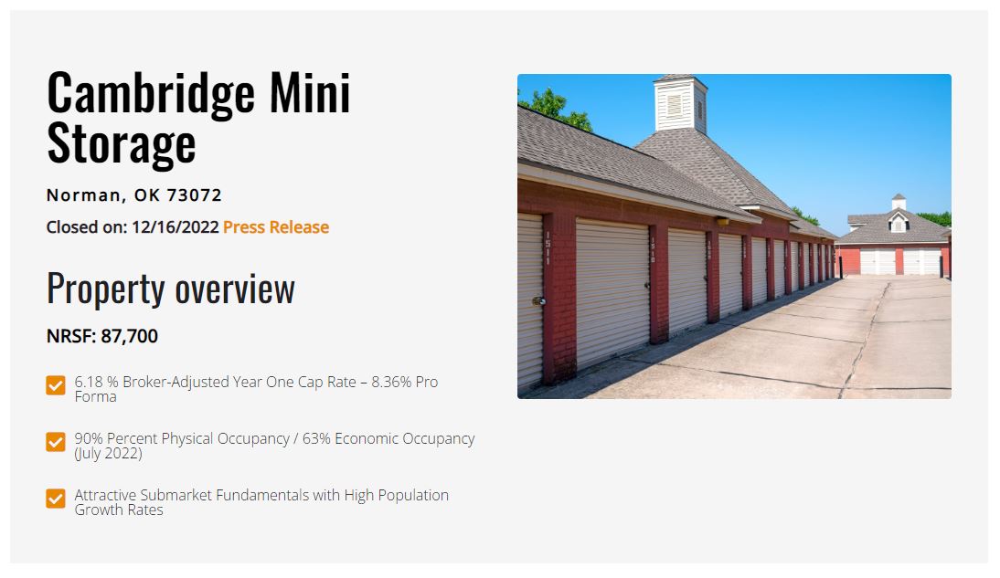 Cambridge Mini Storage - Just Closed - Self Storage Transaction Completed by The Karr-Cunningham Storage Team